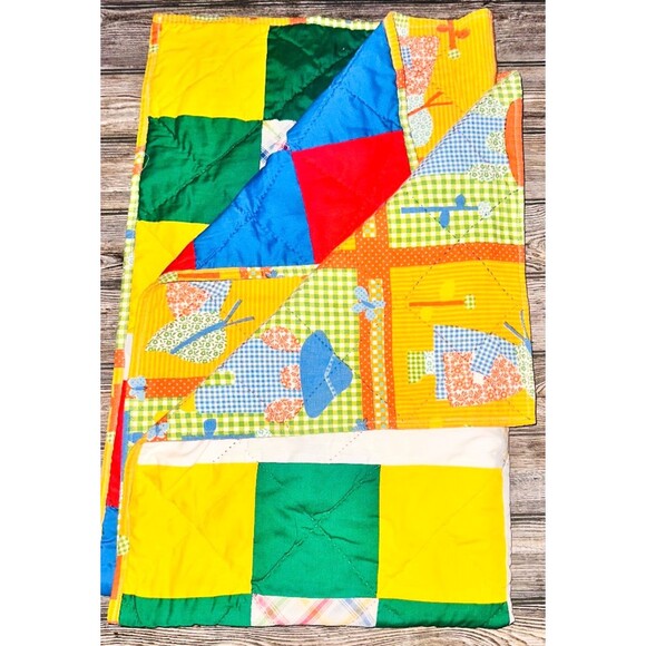 Vtg Quilt Blanket Sunbonnet Farmer Boy Girl 60x40" Red Yellow Blue Cottage Core - Picture 3 of 5
